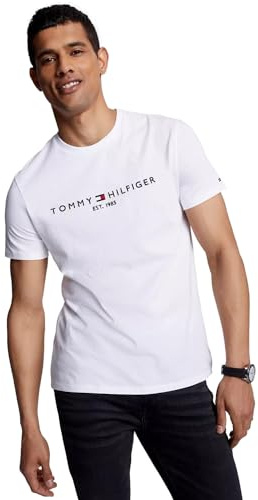 Tommy Hilfiger T-shirt à col rond brodé avec logo Tommy pour homme, coupe classique, taille L, blanc, Taille M
