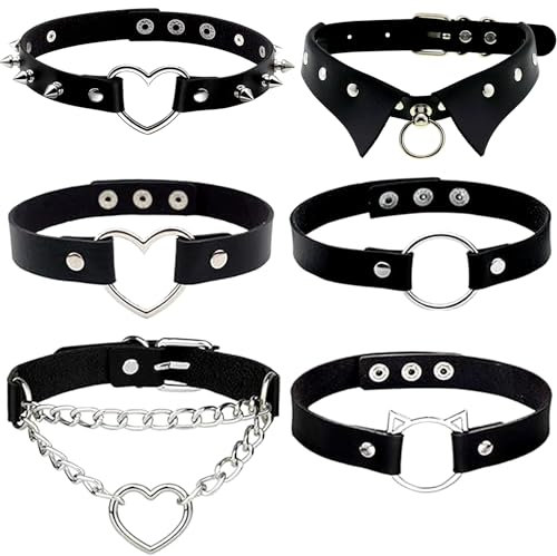 Conruich 6 Stück Leder Choker Damen Herz Anhänger Choker Einstellbar PU Leder Halskette Set Metall Ring Halsband Schwarz Punk Rock Gothic Halsband Kragen mit Kreis Herz für Frauen Zubehör