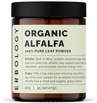 Erbology Organic Alfalfa Powder 90g - 45 Servings - Supports Bone and Gut Health - Rich in Vitamin A, Calcium and Iron - Sustainably Sourced Straight from Farm - Small Batch - Vegan - GMO-Free
