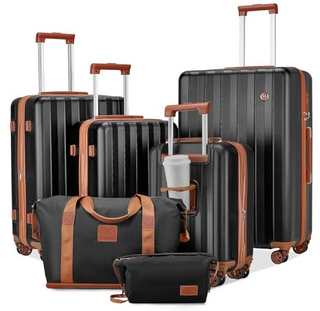 Joyway Koffer Handgepäck Kofferset 4 teilig, Hartschalen Reisekoffer mit Getränkehalter, 4 Rollen TSA-Schloss Der Koffer, Schwarz Braun