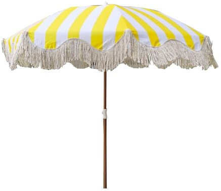 Parasol De Plage À Pampilles À Rayures Jaunes Et Blanches, Poteau En Bois De 200 Cm Pouvant Être Tourné Et Ajusté, Adapté Aux Lieux De Loisirs En Plein Air Tels Que Les Jardins Et Les Piscines.