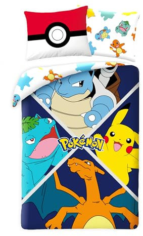 Halantex Bettwäsche Pokemon Évolution für Kinder, wendbar, Bettbezug 140 x 200 cm + Kissenbezug, Motiv: Pikachu, Turtok (Carapuce), Glurak (Glumanda) und Florisaur (Bulbizarre), POK611