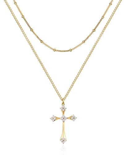 Jenosy Kette Layered Damen Gold Kreuz Kette mit Cubic Vierblättriges Kleeblatt Zirconia Glaube Kette mit Kreuz Zarte Halskette Hypoallergene 18K Vergoldete Kette Modeschmuck für Frauen und Mädchen