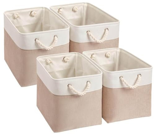 Mangata Aufbewahrungsbox,(26x26x28cm) Aufbewahrungskorb Stoff, Box in Würfel für Schrank, Regal, und Kleidung(Helles Khaki/weiß, 4er Pack)