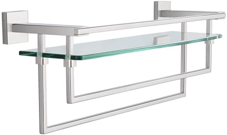LANC Badezimmer-Regal mit Handtuchstangen, 50,8 cm, silberfarben, schwebende Regale aus gehärtetem Glas mit 2 Schienen für Badezimmer, Küchenzubehör, Organizer, Glasregal, Wandhalterung, Edelstahl