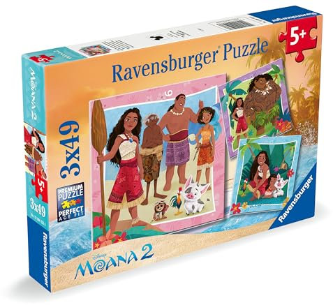 Ravensburger Disney Moana Puzzle-Set für Kinder, 3 x 49 Teile, einzigartiges Design, Softclick-Technologie, fördert Konzentration und Kreativität