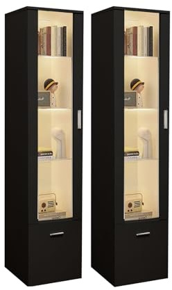 Sossiyule Set di 2 vetrine a LED con porta e ripiani in vetro, luci per il soggiorno e l'ufficio, 42 x 30 x 160 cm (Nero)