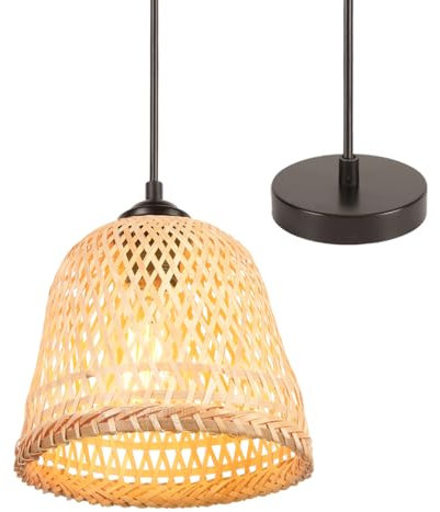 TOKIUS Lustre Suspension Bambou Industrielle Luminaire Plafonnier E27 Vintage Lustre Abat-jour en Bambou Tressé Rétro Lampe de plafond Ø200mm Design Pour Salon Cuisine Chambre (A-L-1pcs)