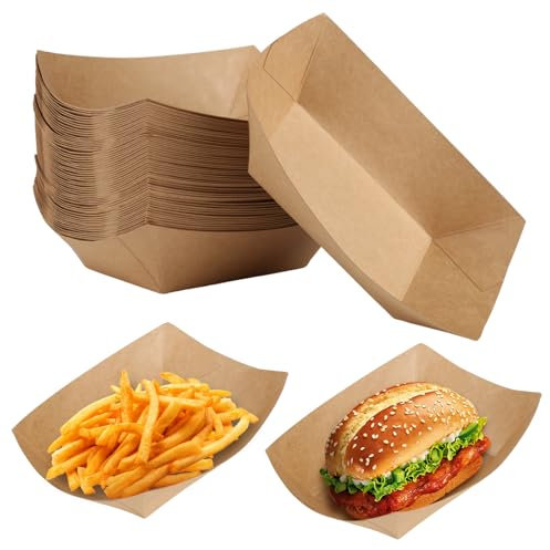 Barquettes en Carton Kraft, 60 Pièces Bols à Frites en Carton, Barquette Frite Dégradable, Bols Carrés en Barquette Frite pour Fêtes, Mariages, Pique-niques, 16,7 x 11,5 x 4cm