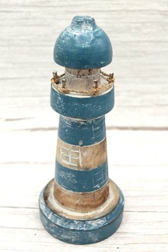 Deko Leuchtturm aus Holz und Naturkordel, 20 cm Höhe, Blau und Weiß im Vintage Stil, Handgefertigt