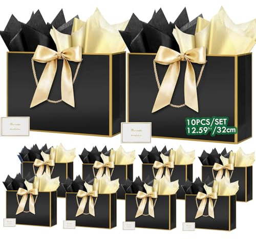 HONTIUS Sacs Cadeaux Pochette Cadeau, Lot de 10 Sac Cadeau Noel 12.59 avec 10 Papiers Sydney 10 Cartes, 32 * 25 * 10cm Sac Cadeau Anniversaire pour Anniversaire, Cadeau, Fête, Mariage Marron