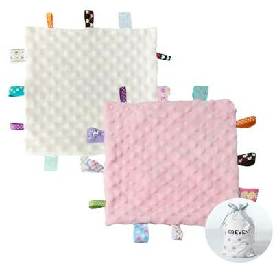 CREVENT Schmusetuch mit Aufhängern für Babys, weich, klein, für Jungen und Mädchen, sensorische Babydecke, tolles Geschenk zum Geburtstag, Babyparty,25,4 x 25,4 cm, Elfenbein und Rosa