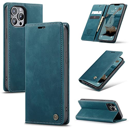 Cracedily Handyhülle für iPhone 13 Pro Hülle, Klapphülle Premium Lederhülle Klappbar Flip Case Tasche Magnet Kartenfach Standfunktion Klapphülle Schutzhülle für iPhone 13 Pro, Blaugrün