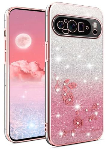 YUEQIAN Cover Glitter per Google Pixel 9 Pro XL, Ultra Sottile Brillantini Molle TPU Silicone Antiurto Custodia, Moda Brilla Diamante Fiori Donna Trasparente Case. Rosa