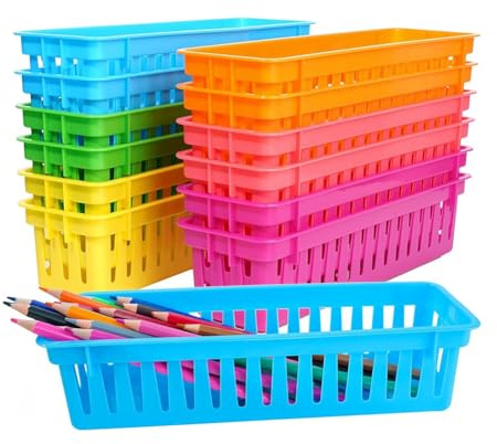 Lamsimoy 12 Pack Pencil Organizer Basket Trays, Rainbow Colors Desk Storage for Kids, Classroom Supply Holders for School