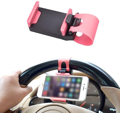 KANDUJIMU Car Steering Wheel Phone Mount, Blue, Portable Electronic Device Mount, Compatible with iPhone and Samsung (Pink)