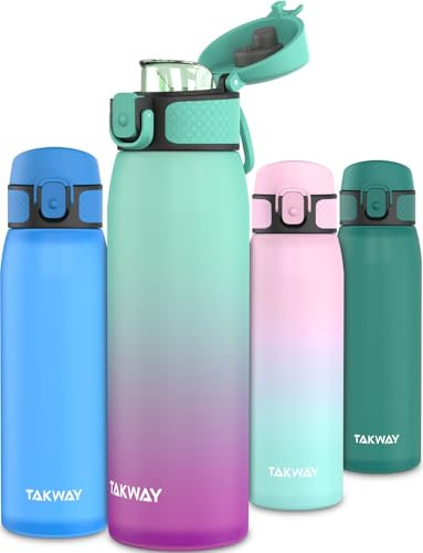 TAKWAY Kinder Trinkflasche auslaufsicher mit Fruchtsieb 600 ml - Tritan, BPA frei - Kohlensäure geeignet - Flasche für Schule, Sport (Türkis - Lila)