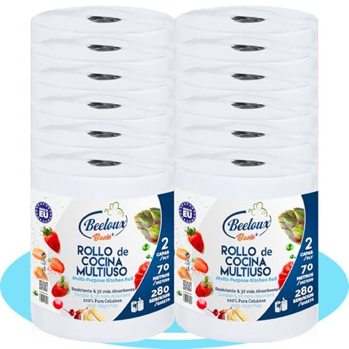 BESTLINE Rollo Cocina Papel Multiuso de 2 Capas, Resistente y Muy Absorbente, Hecho con Celulosa Pura, Hasta 280 Usos por Rollo, 70 metros, 12 Rollos