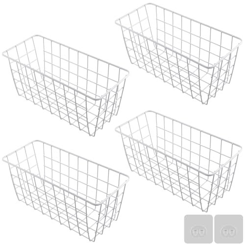 FUNSUEI 4 PCS Wire Storage Baskets, 28.5 x 12.5 x 12.5cm White Metal Freezer Baskets for Chest Freezers, Home, Kitchen
