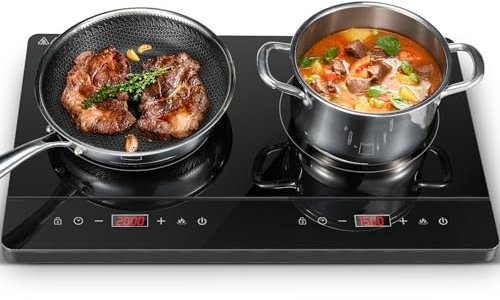 KICHPOWER Plaque Induction 2 feux, Plaque de cuisson double à induction, Plaque à Induction Portable, Contrôle indépendante, écran tactile, 3500W, 10 réglages de température, 10 niveaux de puissance