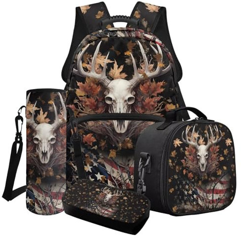 ZIATUBLES Schulranzen-Set für Kinder, 4-teiliges Set, Grundschule, Büchertasche, Schüler, Tagesrucksack, Lunchbox, Federmäppchen, Rucksack, Ahornblatt-Geweih mit USA-Flagge, One size