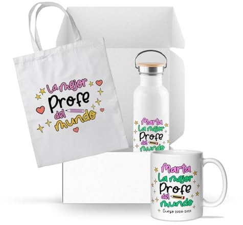 L´INFORAL - Taza Personalizada + Botella Personalizada 500ml + Bolsa Tote - Personaliza con Nombres de Alumnos - Regalo Emotivo para Maestras y profesoras