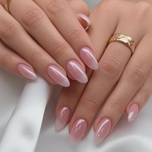 KQueenest Chrome Ombre Pink Press on Nails Almond, French Tip Fake Nails Medium Stiletto, Gradient White Pink False Nails Press ons, Perfectly Fit, Reusable Gel Stick on Nail for Women 24 Pcs
