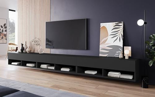 PIASKI Mueble de TV 300 cm LOWBOARD A, sin iluminación LED, Mueble de televisor Grande, Mueble de televisión, Distintos Colores (Negro Mate)