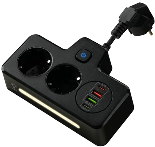 Binnan Prise Multiple avec Interrupteur Individuel, Multiprise Électrique avec USB C, 2 Prises avec Interrupteur et 4 Ports USB, Prise Multiple avec Bandes Lumineuses LED pour Maison, Bureau et Voyage