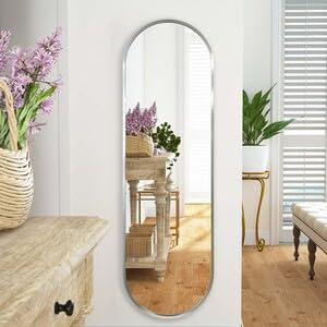 DEENZ Pill-Shaped Elongated Sleek Oval Hanging Mirror Silhouette Contemporary Finish Aluminium Frame Perfect For Home Decor Modern Touch Style Function To Any Wall 101x31x2.5Cm (SILVER)
