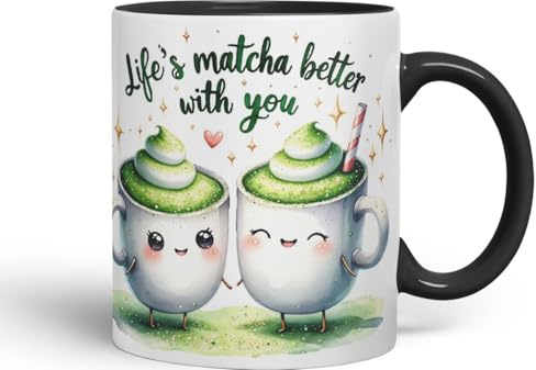 Vixar Life’s Matcha Better with You Coloured Ceramic Cup Mug – Cute Matcha Lovers Gift for Couple, Friends or Partner – 11oz (Black)