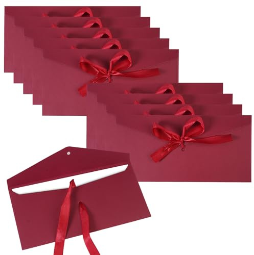 10 Stück Dunkelrot Briefumschläge,22x11cm Kraftpapierumschläge mit Schleife | Vintage Schöne Briefumschlag mit Bändern, für Weihnachten, Geburtstag, Valentinstag, Hochzeit, Geschenk, Karten