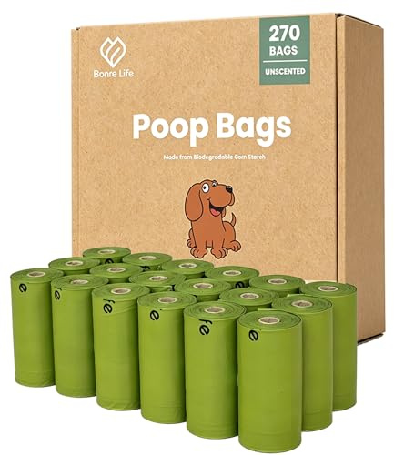 Bonre Life Dog Poop Bags, 270 Count, Corn Starch, Thick & Leak-Proof, Green | Skin-Friendly, Unscented, 18 Rolls, 33x23cm, Strong Seams, Plant-Based Material, Easy Tear, Everyday Supply