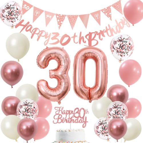 30. Geburtstag Deko Frauen Rosegold Happy 30th Happy Birthday Banner Luftballon, Zahl 30 Folienballon, Tortendeko für 30 Geburtstagsdeko Frau