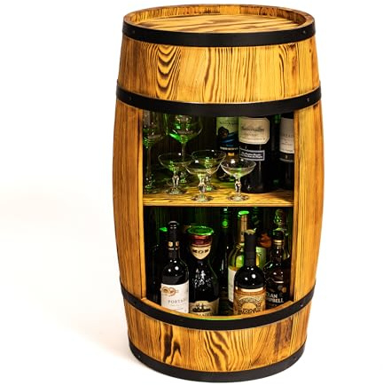CREATIVE COOPER Weinregal Holz mit LED RGB - Weinschrank MiniBar - Alkohol Schrank Mann - Barschrank - 80cm hoch - Retro deko Bar Regal - Fassbar - Fassmöbel (Sonnenverbranntes)