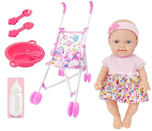 Doll Stroller - Doll Carriage | Toy Pram And Dol Set With Realistic 10 Inch Vinyl Dol, Feeding Bottle & Accessories, Role Play Nursery Toy For , Boys & Girls, Pink Yellow Blue Purple