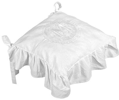 Skandinavisch Französisch Design Stuhlkissenbezug Sitzkissenbezug 'Molly' 42 x 42 cm mit aufgesticktem Monogramm und Volant weiß Baumwolle Landhaus Shabby French Vintage Retro Antik Nostalgie