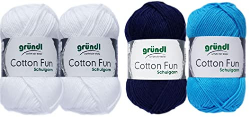 SB Pack Gründl Cotton Fun Häkelset für Topflappen Inhalt 4x50g Material 100% Baumwolle incl. Gratis Häkelanleitung und Häkelnadel (Norweger Marine Hellblau)