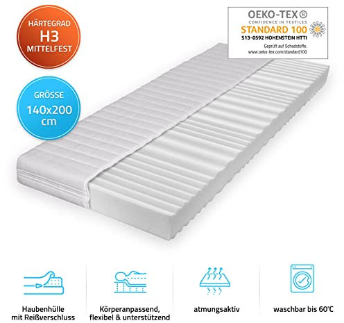 Home Deluxe - Matratze Ortho-Basic - 140 x 200 cm - Komfortschaum, beidseitig nutzbar, 7 Liegezonen - atmungsaktiv, waschbar, 16cm Gesamthöhe