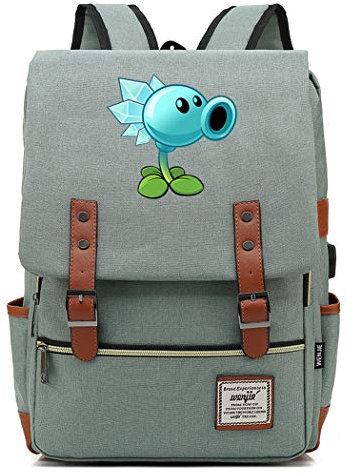 WANHONGYUE Plants vs. Zombies Game Anime College Student Schoolbag 15.6-inch Laptop Backpack Vintage Rucksack with USB Charging Port Green / 3