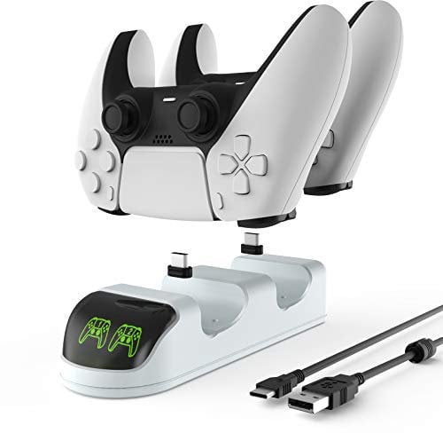 ETPARK&1 Ricarica Controller PS5, Base di Ricarica per Controller con Indicatore LED, PS5 Dual Controller Caricatore con 2 Porte di Ricarica di Tipo C Rimovibili, Bianco