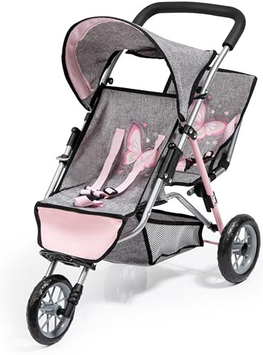 Bayer Design Dolls Twin 3 Wheel Jogger, Grey, Pink