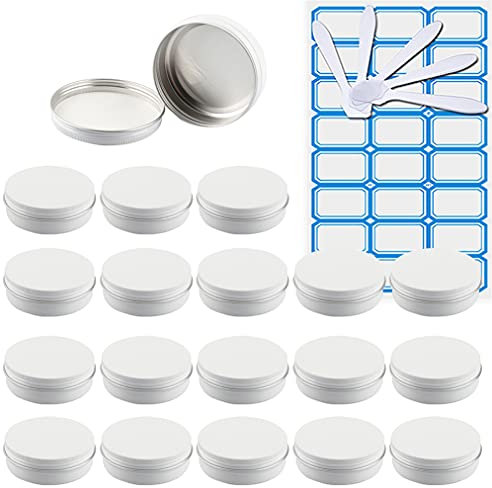 ZEOABSY 20 Pièces 100ml Pots en Aluminium Vide Rond Blanc Petit Cosmétiques Pot Conteneurs for Fait Main Bougies Crème Baume Voyage, 5X Spatule, 1x Étiquettes