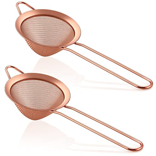P&P CHEF Conical Fine Mesh Strainer Set of 2, 3.3” Stainless Steel Tea Strainer Sieve with Long Handle for Kitchen & Bar, Filtering Tea, Coffee, Cocktail, Dishwasher Safe, (Rose Gold)