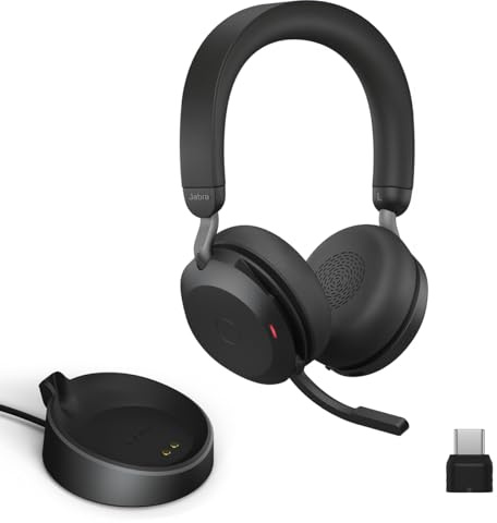 Jabra Evolve2 75 - Cuffie wireless per PC con dock di ricarica e tecnologia a 8 microfoni, cuffie stereo a doppia schiuma con cancellazione attiva avanzata del rumore, adattatore USB-C Bluetooth e