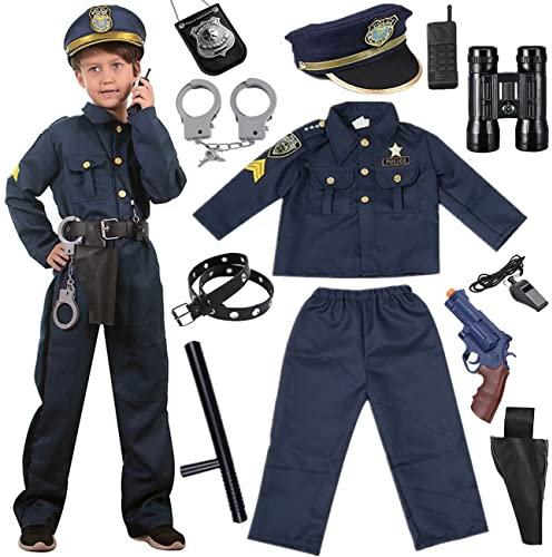 Windskids Policía Disfraz Niño con Policía Equipo Policía Camisa Pantalones Sombrero con Policía Placa Esposas Gafas de sol Telescopio Policía Juguete Kit para Niños Niñas Halloween Fiesta Carnaval