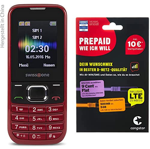Swisstone SC 230 Dual SIM Handy (4,5 cm (1,8 Zoll), mit extra großem beleuchtetem, Farbdisplay) rot & congstar Prepaid wie ich Will [SIM, Micro-SIM und Nano-SIM] - 10 EUR Startguthaben