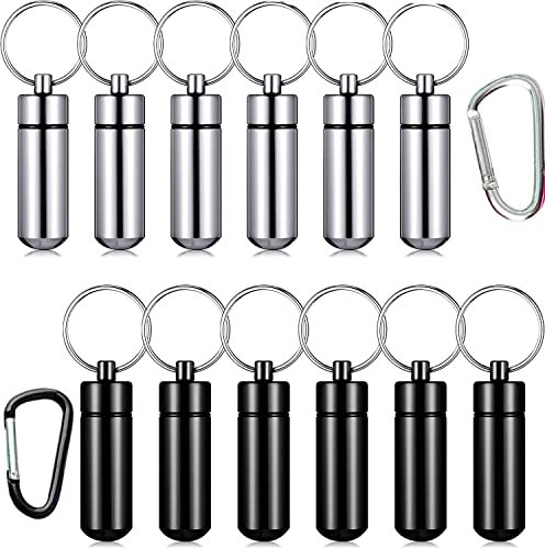 RUNCCI-YUN 12 Stück Pillenbox Schlüsselanhänger, Mini Aluminium Pillenbox Schlüsselbund wasserdichte Luftdichte kleine Kapsel Mini Schlüssel-Anhänger für Reise Camping(Silber Schwarz)