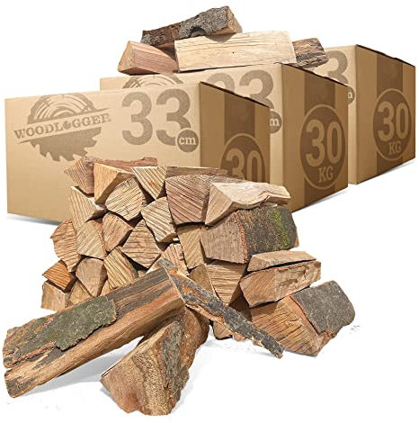 Woodlogger 90 KG Brennholz aus Buche I trockenes Kaminholz I ofenfertiges Feuerholz I reines Buchenholz I Holz für Kaminofen, Lagerfeuer, Feuerschalen, Ofen I Grillholz (Holz-Scheitlänge: 33 cm)