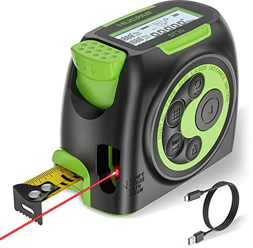 Huepar Massband Laser Entfernungsmesser 2 in 1, 60m Maßband Laser Messgerät & 5m Massband Maßband USB Aufladen mit HD LCD – Pythagoräischer, Bereich, Volumen, Messen, digitaler Entfernungsmesser